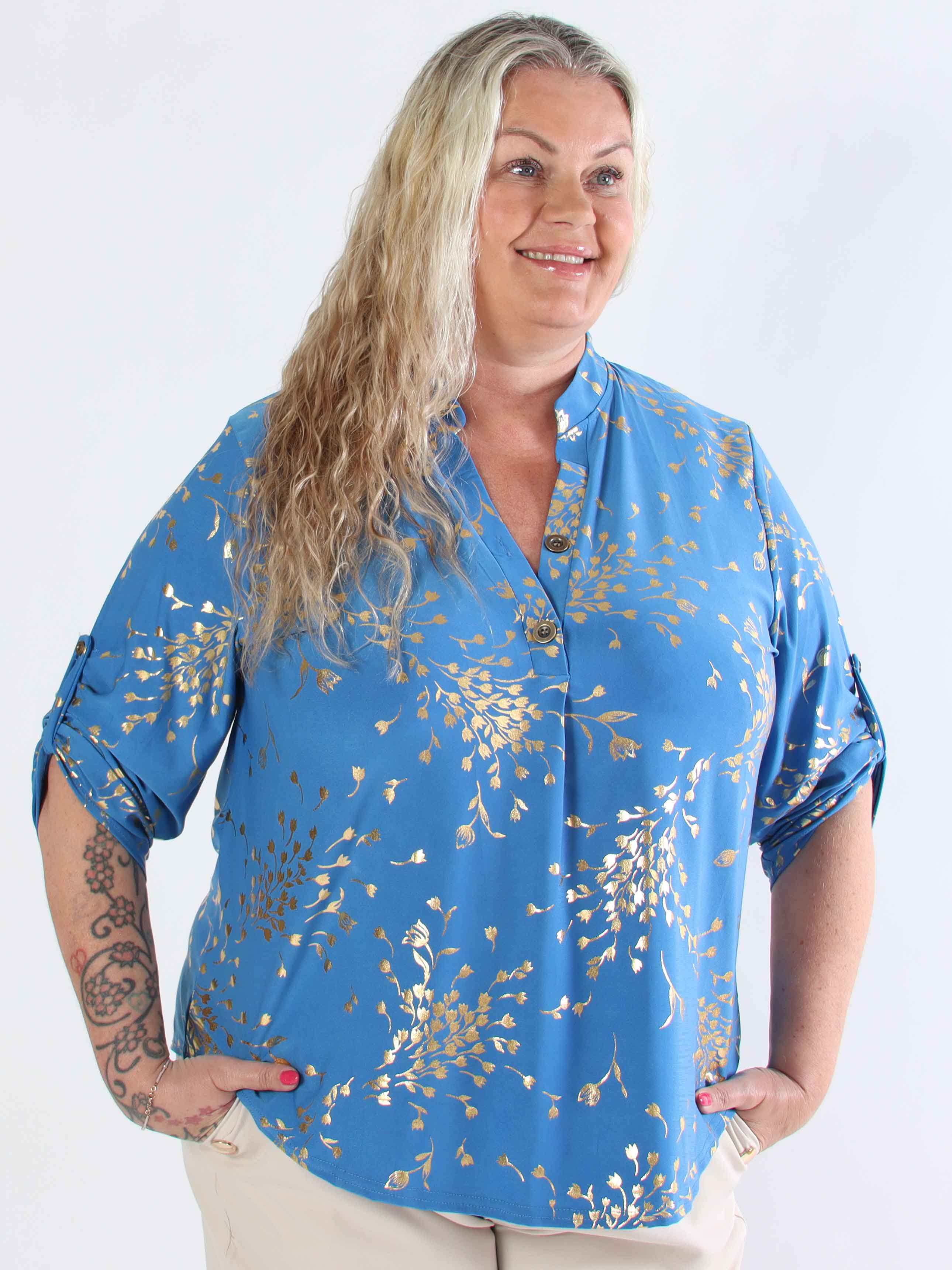 Ebba Gold Leaf Shirt - Elastisk plus size blus mönstrad med bladguld